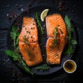 Top view. Photorealistic image of a salted salmon dish with seasonings and herbs.