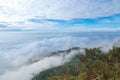 The top view from the Phu Thap Boek mountain sees a small community under the beautiful morning mist