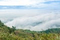 The top view from the Phu Thap Boek mountain sees a small community under the beautiful morning mist