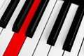 Top view of piano keys with one red button. Close-up of piano keys. Close frontal view. Piano keyboard with selective focus. Diago Royalty Free Stock Photo