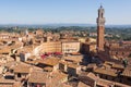 Top view of Piazza del Campo and the rooftops of Siena with detail of the bell tower Royalty Free Stock Photo