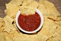 Picante Sauce in White Bowl Surrounded with Tortilla Chips