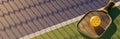 Top view of a pickleball racket and ball on a court in the shadow of a sports net