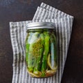 Top view of pickled asparagus in a jar Royalty Free Stock Photo