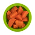 Top view of pickled carrots in a green bowl on a white background