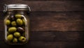 Top View of Pickled Olives in Jar on Wooden Table, Copy Space