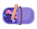 Top view picnic basket fruits baguette 2D linear cartoon object