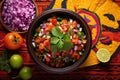 top view of pico de gallo in a colorful mexican bowl