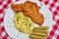 Top view picture on deep fried chicken escalope or schnitzel with mashed potatoes. Royalty Free Stock Photo