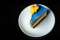 top view of piece of blue mousse cake on white plate