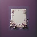 A piece of paper with a delicate floral frame on a solid amethyst background. Flowers Background, Mockup