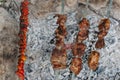 Top view pieces of pork shish kebab, on a skewer, cooked over a fire. Vegetable shish kebab from tomato and grilled pork pieces,