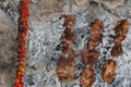 Top view pieces of pork shish kebab, on a skewer, cooked over a fire. Vegetable shish kebab from tomato and grilled pork pieces,