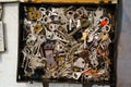 Top view of a pile of different antique rusty keys in the black Royalty Free Stock Photo