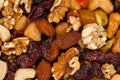 Top view pile of dried colorful breakfast mix nuts and fruits