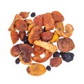 Top view of pile of dried fruits cut out on white