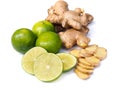 Top view pile of green lime lemons citrus fruit and fresh ginger