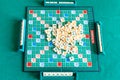 Top view of pile of letter tiles on Scrabble game