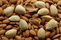 Top view of a pile of peeled raw almonds and raw almonds with shells