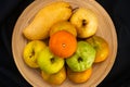 Top view pile of ripe fresh guava frui, red tomato, oranges, pear and apples