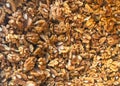 Top view of a pile of walnut kernels in a market