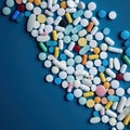 Top view of pills spilling over blue background.Copy space.Healthcare medicine concept.AI Generated