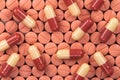 Top view of pills, tablets, capsules stacked. Royalty Free Stock Photo