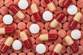 Top view of pills, tablets, capsules stacked. Royalty Free Stock Photo