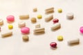 Top view of the pills on the white background, The drug and capsule pills on the floor Royalty Free Stock Photo