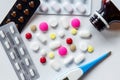 Top view of the pills on the white background, Pack of tablet drug and capsule pills on the floor, Royalty Free Stock Photo