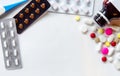 Top view of the pills on the white background, Pack of tablet drug and capsule pills on the floor, Royalty Free Stock Photo