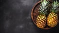 Top View Pineapple On Dark Wooden Plate - Tropical Fruit Stock Photo