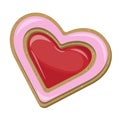 Top view of pink heart shaped cookie with berry jam. Vector illustration Royalty Free Stock Photo