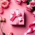 Top view of pink rose and gift box with ribbon bow Royalty Free Stock Photo