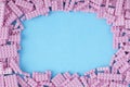 Top view of pink toy bricks isolated on blue background with copy space. Kids toys for back to school.Concept of toy pink Royalty Free Stock Photo