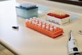 Top view of pipette and test tubes in a laboratory Royalty Free Stock Photo