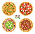 Top view pizza. Different toppings on round tortillas, italian national cuisine fast food cooking, homemade or restaurant Royalty Free Stock Photo