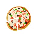 Top view pizza with tomatoes and black olives. illustration