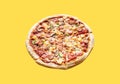 Top view pizza on yellow color above, background