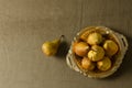 Top view of plaefull of fresh yellow pears on the tablecloth.Empty space