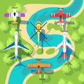 Top view planes and helicopters above landscape vector illustration