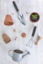 Plant growing, shovel and flower pot with a little watering can on a white table