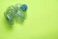 top view of plastic bottle on flat color background. recycling concept. flat lay