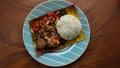 Top view of a plate of authentic khmer food called Trei boeng kanh chhet