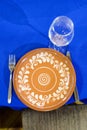 Top View on Plate on Blue Table