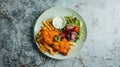 Top view of plate with chicken meat, french fries and salad Royalty Free Stock Photo