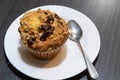 Top view of plate with chocolate chip muffin on plate. Royalty Free Stock Photo