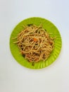 Top view of a plate of chow mein - Chinese stir-fried noodles with vegetables Royalty Free Stock Photo