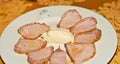 Top view of a plate of cured, sliced ham and olive oil as a pairing for a spanish wine tasting event