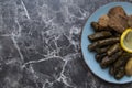 Top view, Plate with delicious, stuffed grape leaves called Dolma